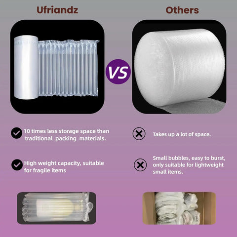 Comparison of Heavy Duty Bubble Cushion Wrap For Shipping Fragile Items With Large Inflatable Air Pillows And Hand Pump versus traditional bubble wrap.