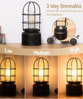 Industrial Table Lamp With Touch Control And 3 Way Dimming, vintage iron cage, showing low, medium, high dimming options.