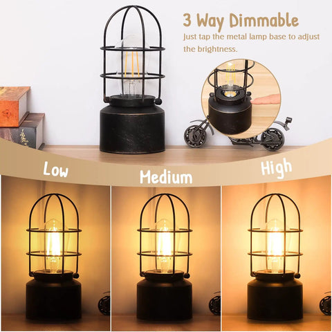 Industrial Table Lamp With Touch Control And 3 Way Dimming, vintage iron cage, showing low, medium, high dimming options.