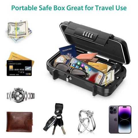 Open Portable Safe Box With 4 Digit Combination Lock holding cash, credit cards, passport, phone, watch, keys, and rings for travel security