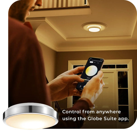 Person using phone app to control WiFi Smart Track Lighting Kit With Four 28W LED Fixtures, Matte Black, Voice Activated