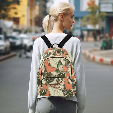 Woman wearing stylish backpack with dope pattern, leather handle, adjustable straps, multiple pockets; everyday carry bag.