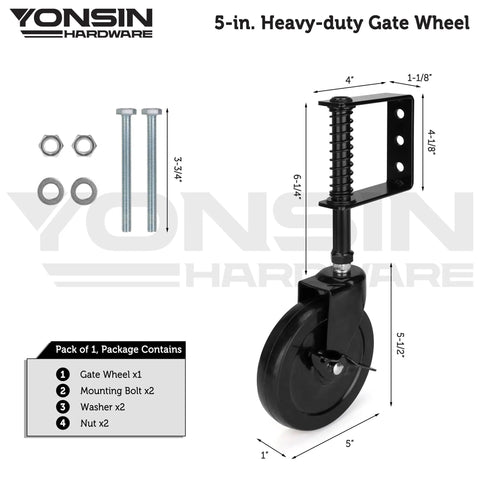 Heavy Duty Gate Caster Wheel With Side Brake, Spring Loaded Drag Wheel With 360 Degree Swivel, 200 Lb Capacity, Black, Five Inch
