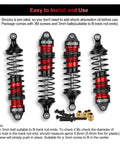 4Pcs Front And Rear RC Car Shocks Damper Assembly Set For 1 By 10 Scale RC Trucks 2WD And 4X4 Fits Slash Rustler Stampede Hoss VXL Black Red Replacement Parts Built To Last displayed with screws and accessories