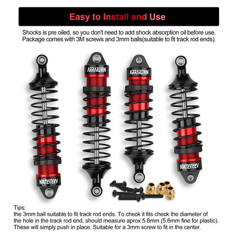 4Pcs Front And Rear RC Car Shocks Damper Assembly Set For 1 By 10 Scale RC Trucks 2WD And 4X4 Fits Slash Rustler Stampede Hoss VXL Black Red Replacement Parts Built To Last displayed with screws and accessories