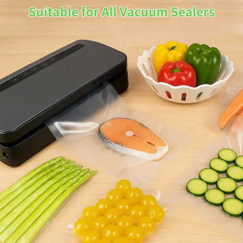 6 Pack Vacuum Sealer Bags Rolls 8x20 And 11x20 Cut To Size Heavy Duty BPA Free For All Clamp Style Machines in use with food items