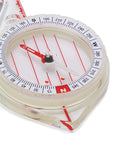 Close-up of thumb orienteering compass with luminous glow for easy one hand navigation, shockproof durability, quick needle lock.