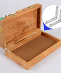Open wooden jewelry box with silver zinc alloy 90° hinges and screws visible, showcasing 6 Pieces 90 Degree Small Hinges For Wooden Jewelry Boxes.