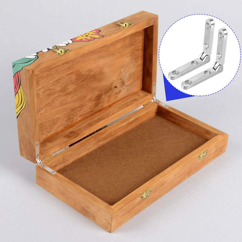 Open wooden jewelry box with silver zinc alloy 90° hinges and screws visible, showcasing 6 Pieces 90 Degree Small Hinges For Wooden Jewelry Boxes.