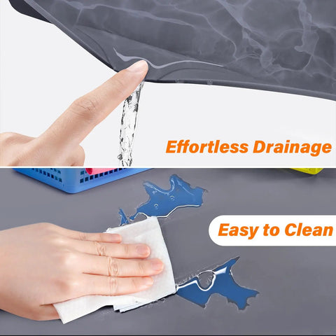 Close-up of Waterproof Under Sink Mat 34x22 Inches Flexible Silicone Drip Tray showing water drainage and easy clean by wiping.
