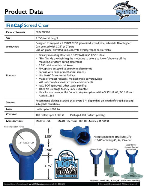 FinCap Concrete Screed Chair Stay In Place Slab Support For 1-1/2 Inch ID Pipe Non Corrosive Polymer Fits 1/2 Inch Or 5/8 Inch Rebar