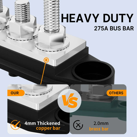 Built Like A Truck 275 Amp Heavy Duty Power Distribution Bus Bar With Six M8 Terminals, showcasing 4mm thickened copper bar.