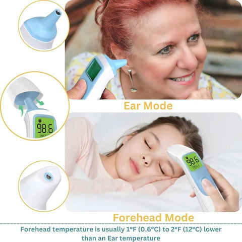 All Ages Ear And Forehead Digital Thermometer With Dual In Ear And Touchless Forehead Modes, Instant Read For Babies Kids And Adults, Kid Friendly One Button Use For Sleepy Nights And Busy Parents, Accurate Quick Temp; ear and forehead mode demo