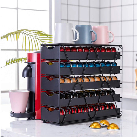Ultra Slim 5 Point 4 Inch Wide Nespresso Pod Holder Drawer 5 Tier Multi Layer Organizer for Vertuo Pods on countertop