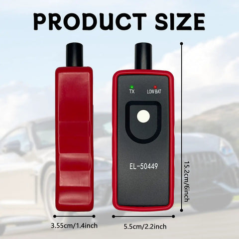 No Fuss Tpms Reset Tool For Universal Vehicle Tire Pressure Sensor Activation And OBD2 Programming Knock Out Warning Lights Fast Heavy Duty Design Compatible With Cars Trucks And Suvs showing product size, features, and dimensions.