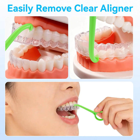 Clear Aligner Remover Tool Set For Easy Gentle Removal Of Aligners And Retainers Includes Chewies For Quick Comfort No Sweat Pain Free Removals For Invisible Braces Everyday Care, green plastic hook tool used on clear aligners