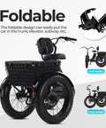 All Terrain Fat Tire Electric Tricycle For Adults With 750W Peak Motor, 36V 13Ah Lithium Battery, UL Certified, 15 MPH Top Speed, 3 Wheel Foldable E Bike, 20x4 Fat Tires, 80 Percent Assembled, Black, folded view