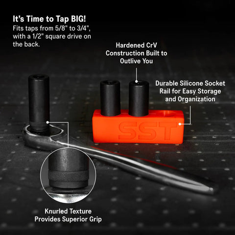 Tap Socket Wrench Three Piece Adapter Set with silicone socket rail and CrV steel construction, fits MCTI taps up to 3/4 inch.