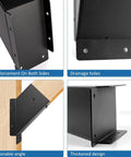 4 images of 8 Pack Heavy Duty 45 Degree Steel Angle Brackets Black Powder Coated showing reinforcement, drainage holes, angles and thickened design.