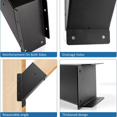 4 images of 8 Pack Heavy Duty 45 Degree Steel Angle Brackets Black Powder Coated showing reinforcement, drainage holes, angles and thickened design.