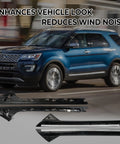 Black plastic A-pillar trim molding kit for Ford Explorer; set of outer/inner left and right trim pieces foreground.