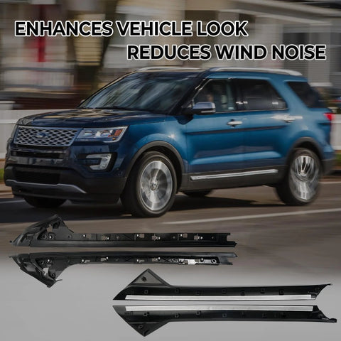 Black plastic A-pillar trim molding kit for Ford Explorer; set of outer/inner left and right trim pieces foreground.