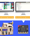 Microbit Smart Home Starter Kit for STEM Coding Projects Age 15 Plus Build an Intelligent Home With Automated Lighting Environmental Monitoring Security Alerts and Smart Fan Control A Fun Hands On Project That Turns Coding Into Real World Innovation. Graphic and MicroPython coding on two screens with smart home model and micro:bit board