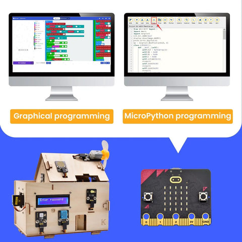 Microbit Smart Home Starter Kit for STEM Coding Projects Age 15 Plus Build an Intelligent Home With Automated Lighting Environmental Monitoring Security Alerts and Smart Fan Control A Fun Hands On Project That Turns Coding Into Real World Innovation. Graphic and MicroPython coding on two screens with smart home model and micro:bit board