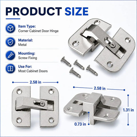 Heavy Duty Adjustable Concealed Pie Cut Corner Cabinet Hinge With Smooth As Butter Quiet Close And Rust Resistant Nickel Finish Works Great With Mepla And Grass Cabinets For Zero Hassle Setup That Always Fits Like A Dream, showing size and screw fixing details.