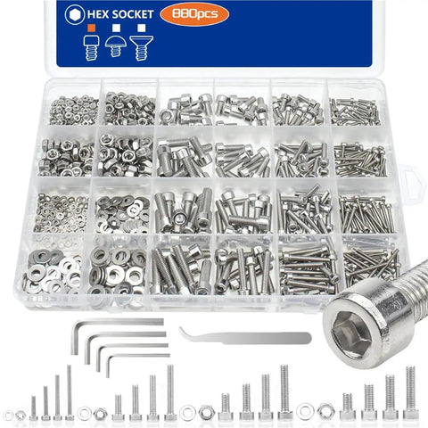 880 Piece Stainless Steel Hex Nuts Bolts And Washers Set For Home DIY Projects M2 M3 M4 M5 Metric Assortment Kit With Smooth Threads And Durable Hardware For Quick Fixes And Strong Fastening, organized case