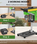 Compact Mini Bench Drill Press For Home Use High Precision And Low Noise Operation shown with battery connection instructions.