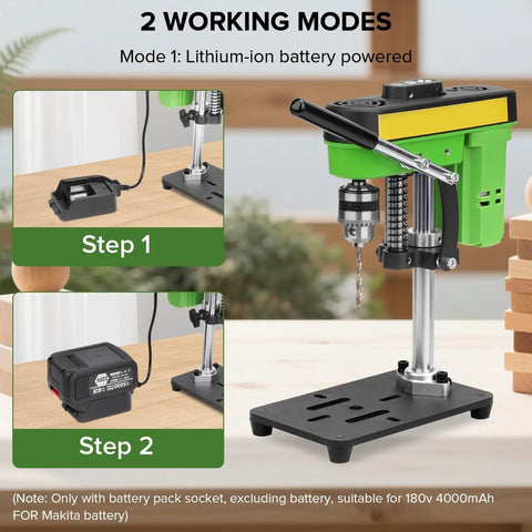 Compact Mini Bench Drill Press For Home Use High Precision And Low Noise Operation shown with battery connection instructions.