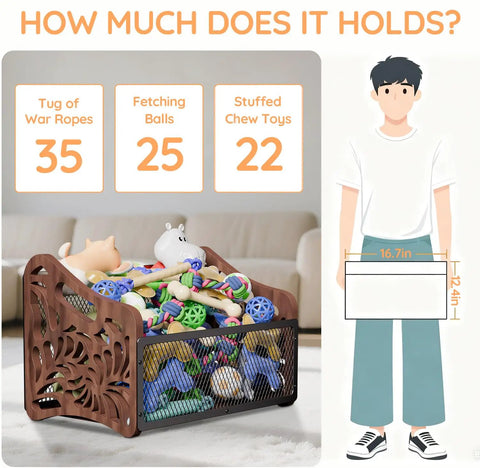 Spacious Wood Dog Toy Basket And Storage Bin For Pets Large Toy Box with 10 gallon capacity, showing dimensions and toy capacity.