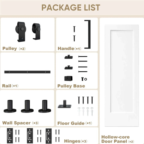 Package contents for 36 in. by 84 in. Bi-Fold Door Set With Hardware Kit, Shaker Style Flat Panel Primed Door, DIY Friendly