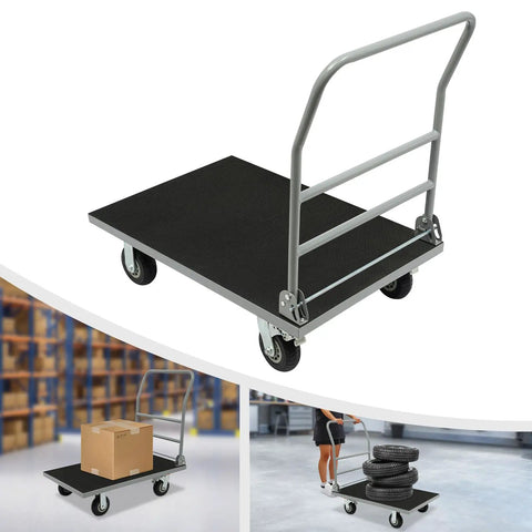 Beefy Heavy Duty Steel Platform Cart With 2200 Lbs Capacity Foldable Flat Dolly For Warehouse Garage And Workshop Use With Four Wheels And Two Brakes Featuring Rust Resistant Steel Frame And Durable Coating, black platform with handle