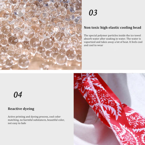 Five Pack Water Activated Cooling Neck Wrap Bandanas Instant Ice Cold Scarf showing cooling beads and red bandana detail