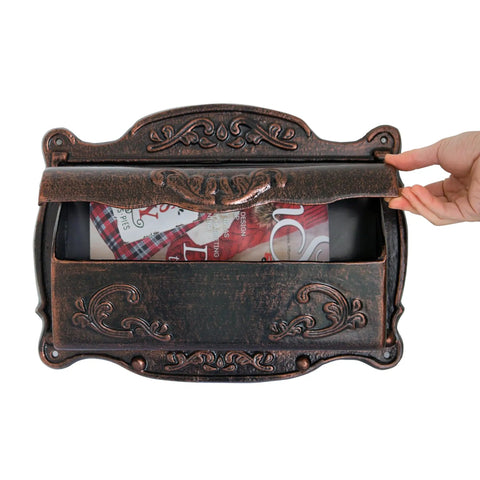 Wall Mounted Mailbox In Vintage Bronze Finish, Built Like A Tank With Cast Aluminum Construction, showing open lid