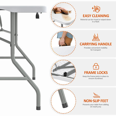 Beefy Folding Table 6Ft Heavy Duty 350 Lb Capacity With 18 Percent Thicker HDPE Waterproof Top showing easy cleaning and features