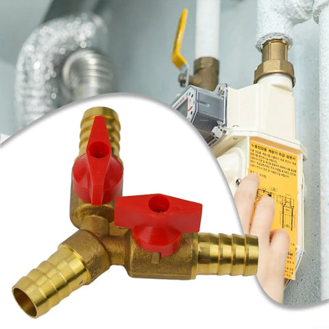 Boss Level Solid Brass 3-Way Ball Valve With 12mm Fitment For Water Air Flow Throttle Plumbing Pneumatic System Hefty Build Quick Turn Operation Leak Free Guarantee, showcasing valve with red handles and connectors.