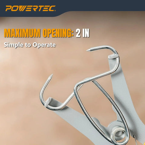 Close-up of Miter Spring Clamps Kit With Spring Loaded Pliers showing 2-inch maximum opening and sharp ends for woodworking projects