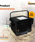Rugged Heavy Duty 240 Volt Hardwired Commercial Shop And Garage Heater Cranking 3000 To 6000 Watts, dimensions displayed