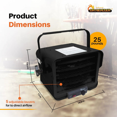 Rugged Heavy Duty 240 Volt Hardwired Commercial Shop And Garage Heater Cranking 3000 To 6000 Watts, dimensions displayed