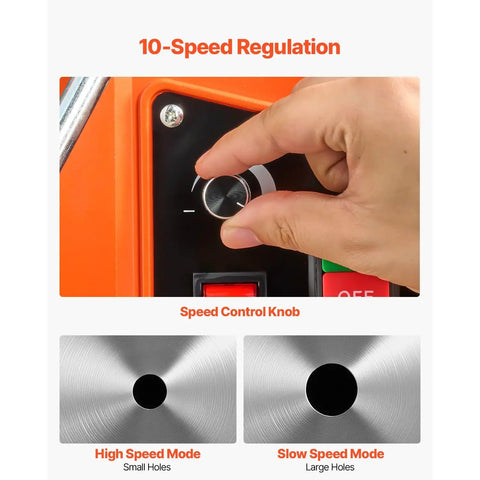 Heavy Duty 1550W Magnetic Drill Press With Powerful 2 Inch Core Bit And 13000N Holding Force For Steel Iron Metals Low Speed 0-550 RPM Reliable Copper Motor Base Stable Performance Jobsite Essential Tool speed control knob with high and slow speed mode options.