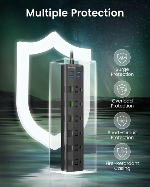 Power Strip With Individual Switches 6 Outlets And 4 USB Ports 900J Surge Protector displayed with protection features