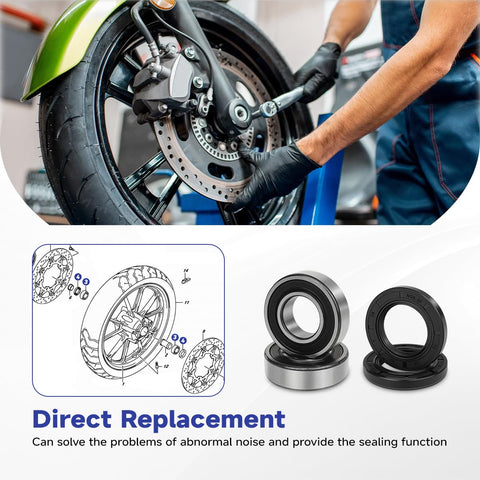 Front Wheel Bearing Seal Kit Compatible With Suzuki Street And Sport Bikes Including DL1000 V Strom GSX R1000 GSX R750 GSX R600 M109R SV1000 TL1000 And More OEM Grade Seal Kit For Easy Install And Long Lasting Protection shown with tools and installation diagram