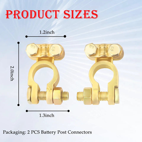 Heavy Duty Brass Battery Terminals Positive And Negative Hella Durable Universal Fit For Truck Boat Car Handles 300 Amps with size measurements.