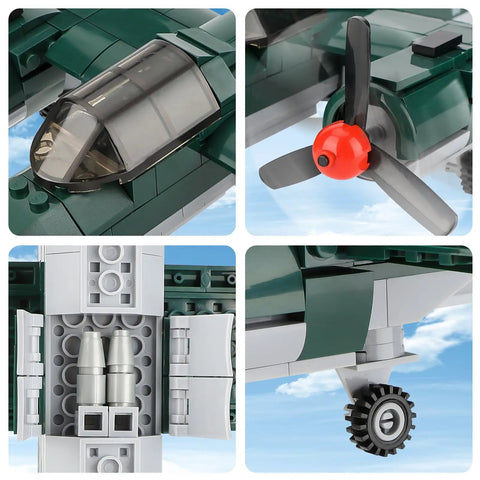 WWII Bomber Aircraft Build Set for Kids and Collectors, LEGO-Compatible Fighter Jet Model Kit with propellers, cockpit, wheels