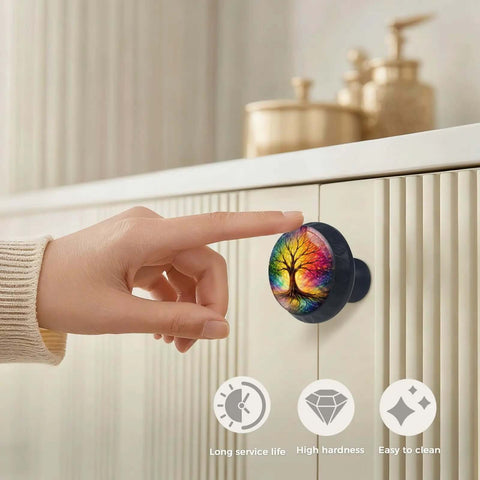 4 Pack Rainbow Tree Of Life Cabinet Knobs Acrylic Round Drawer Pulls for kitchen cabinets, highlighting design and durability