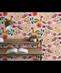 Wildflowers Floral Wallpaper Featuring Hella Smooth Matte Linen Texture And Truly PVC Free Composition Professional Grade Type II Paste Ready Wallcovering Super Durable Accent Decor For Modern Homes with floral design and decorative lamp.
