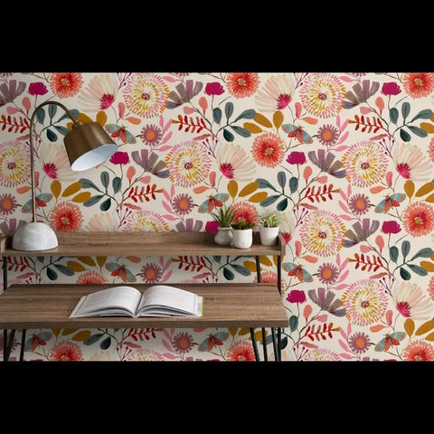 Wildflowers Floral Wallpaper Featuring Hella Smooth Matte Linen Texture And Truly PVC Free Composition Professional Grade Type II Paste Ready Wallcovering Super Durable Accent Decor For Modern Homes with floral design and decorative lamp.